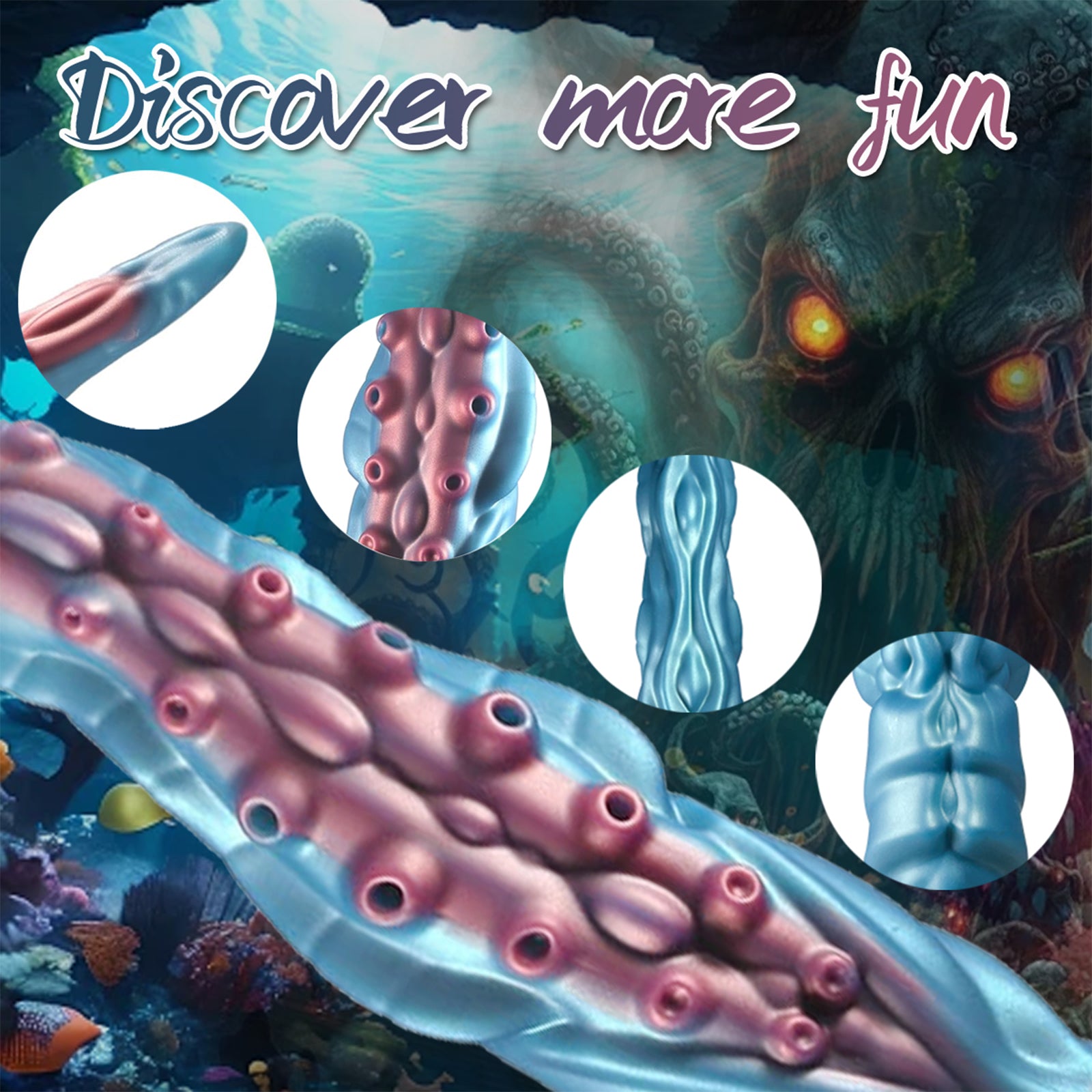 19.68 Inch Lovecraftian Blue Gold Octopus Dildo Tentacle Veins Suction Base