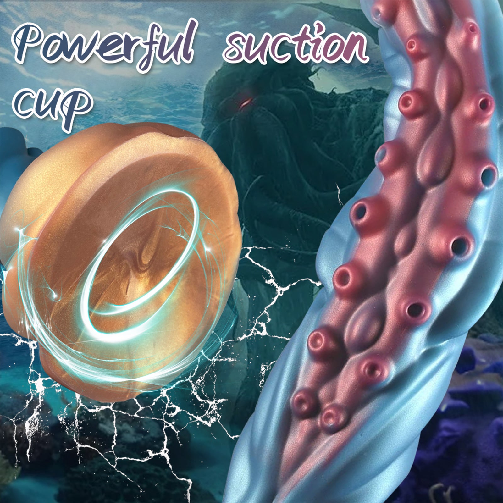 19.68 Inch Lovecraftian Blue Gold Octopus Dildo Tentacle Veins Suction Base