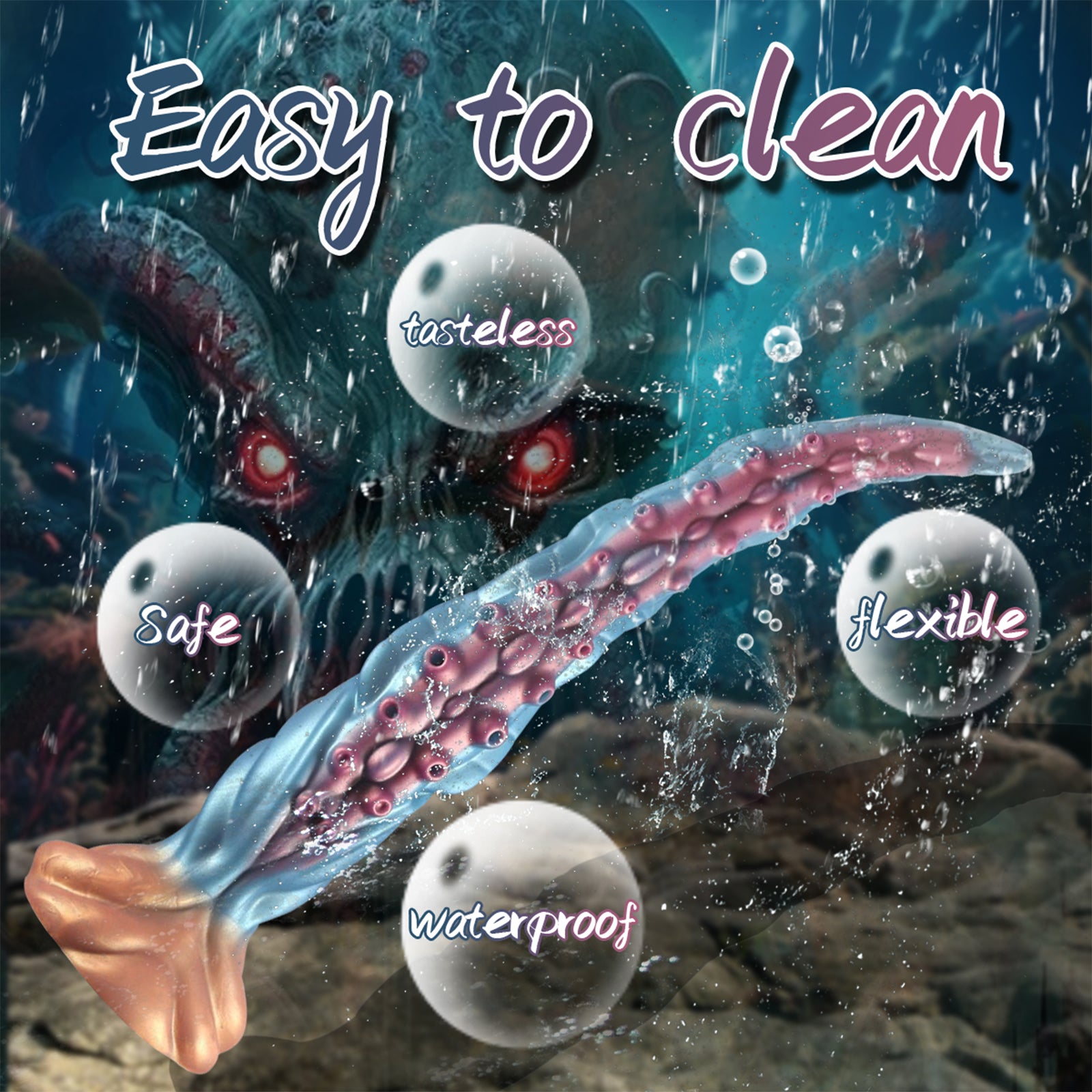 19.68 Inch Lovecraftian Blue Gold Octopus Dildo Tentacle Veins Suction Base