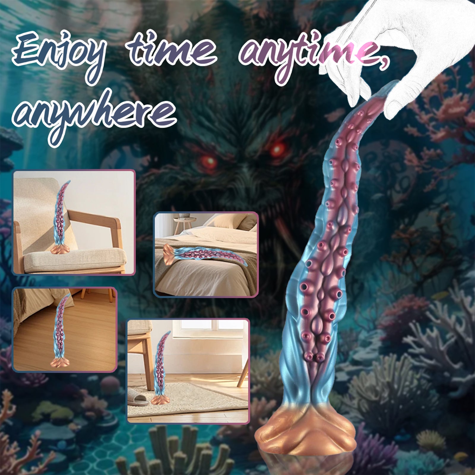 19.68 Inch Lovecraftian Blue Gold Octopus Dildo Tentacle Veins Suction Base