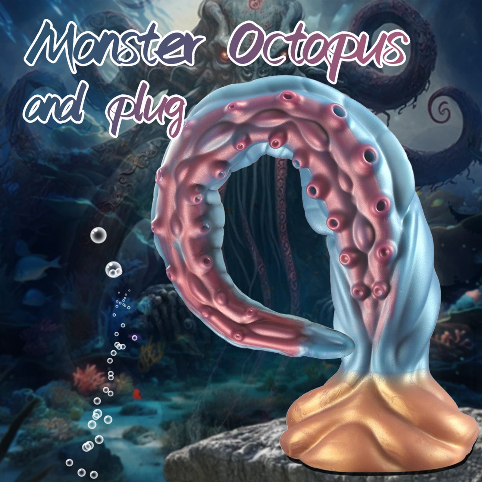 19.68 Inch Lovecraftian Blue Gold Octopus Dildo Tentacle Veins Suction Base