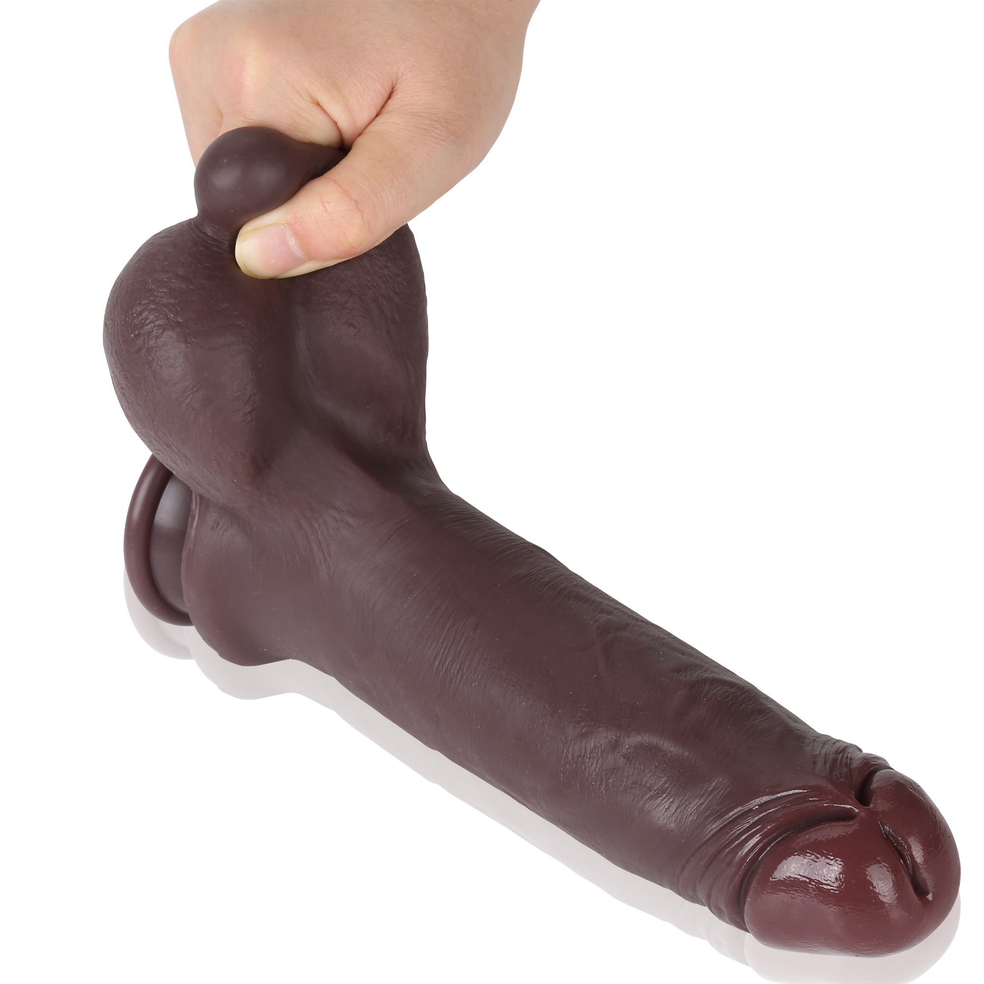 9" Black Sliding Skin Soft Silicone Strap On Dildo With Realistic Balls
