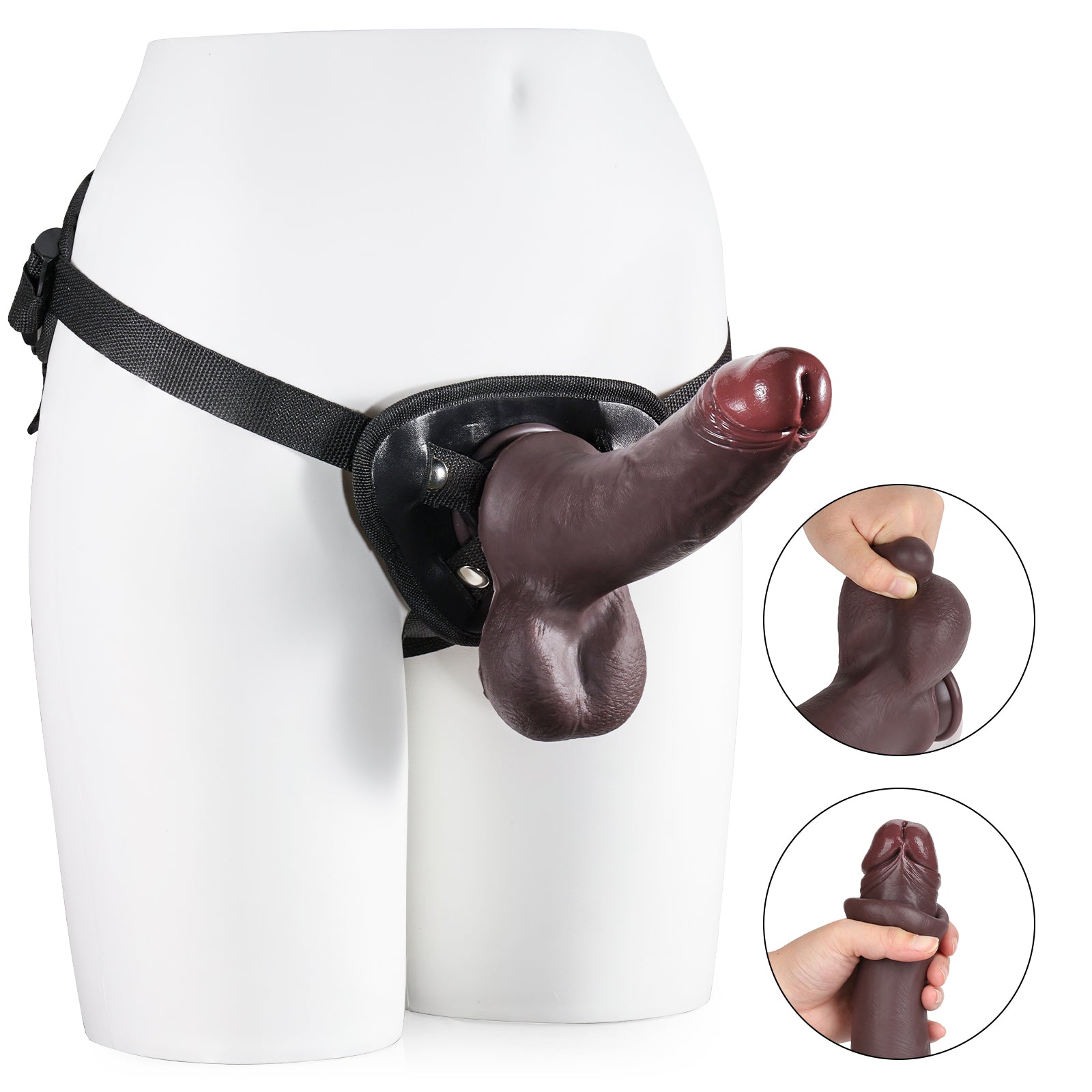 9" Black Sliding Skin Soft Silicone Strap On Dildo With Realistic Balls