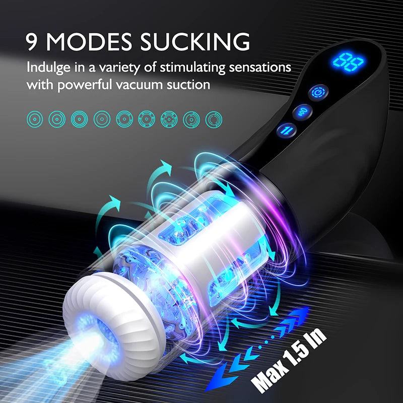 9 Sucking Rotating Thrusting Deep Insertion Auto Stroker with Handle