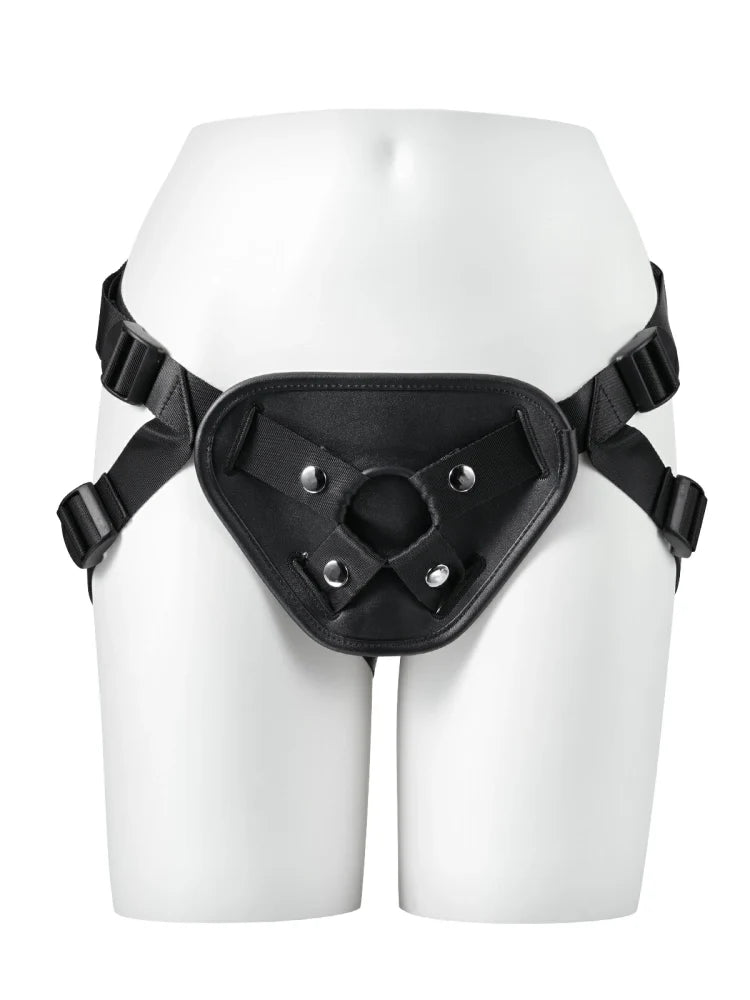 Black Leather Strap-On Harness with Adjustable Fit for Suction Cup Dildo