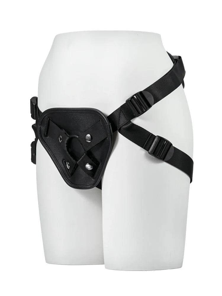 Black Leather Strap-On Harness with Adjustable Fit for Suction Cup Dildo