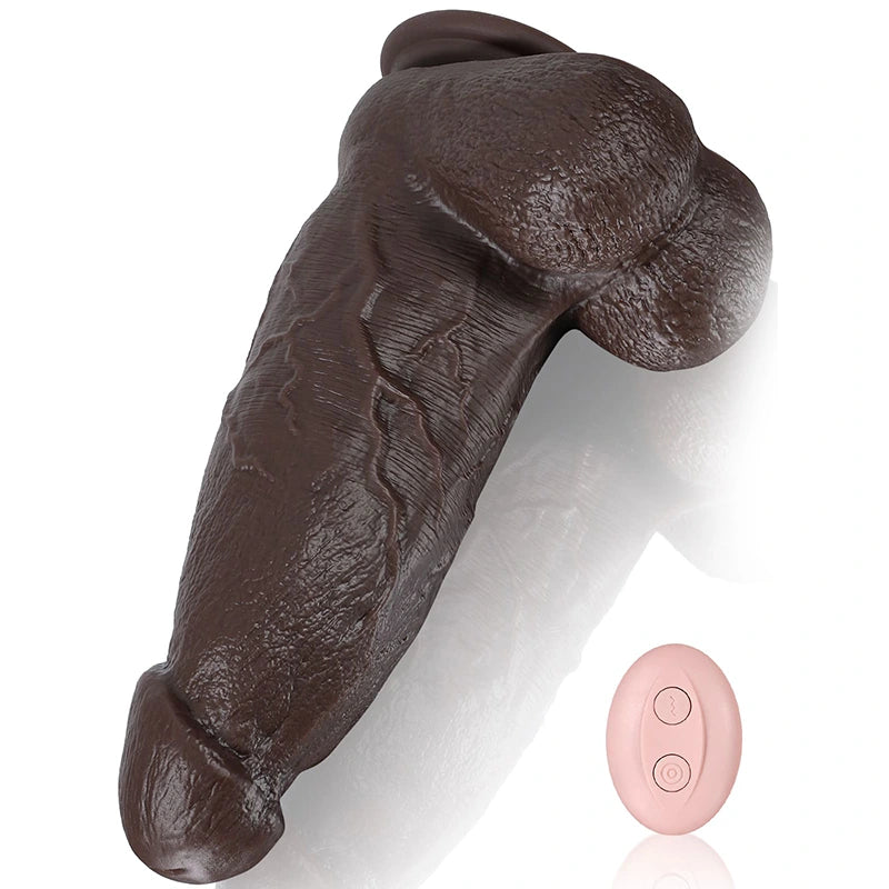 9.25" Thick Black Silicone Vibrating Dildo with 10 Frequencies